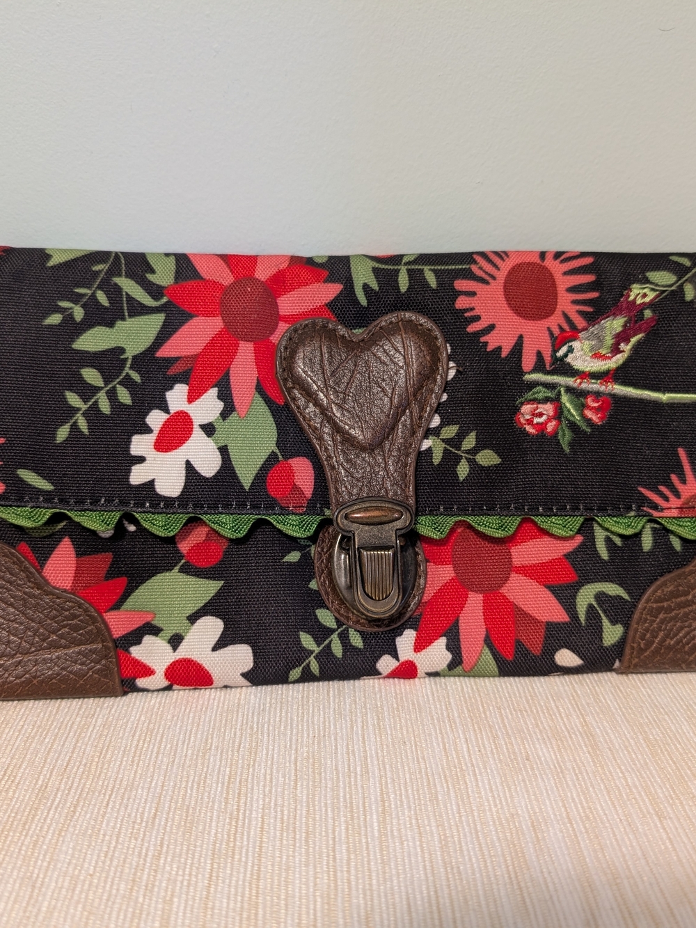 Floral Black Clutch with Red & Pink Blooms and Brown Trim